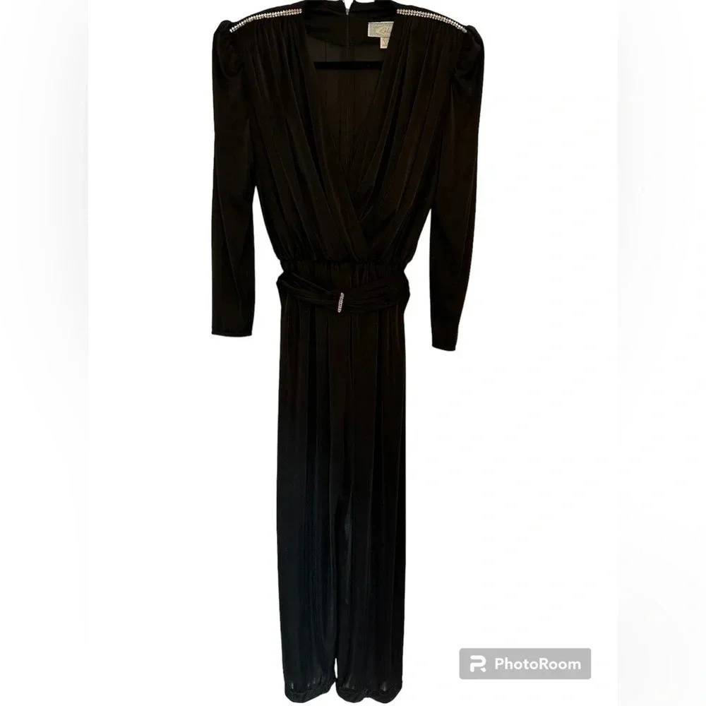 Vintage Filigree Black Long Sleeve Jumpsuit w/ Crystal Details Size 10